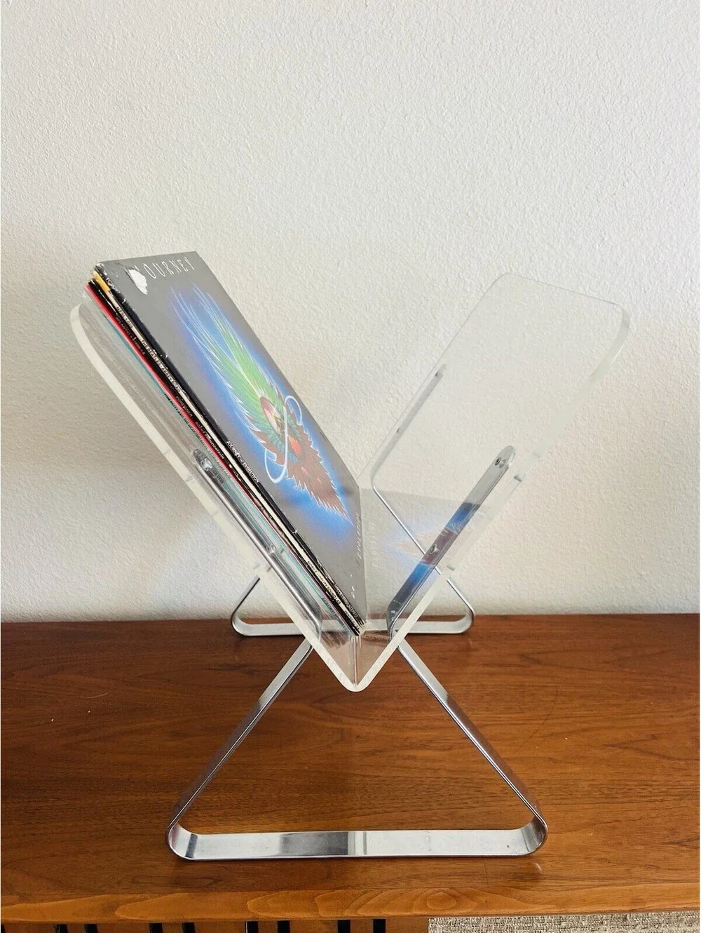 Vintage Milo Baughman Style Lucite Chrome Magazine Rack Mid Century Modern